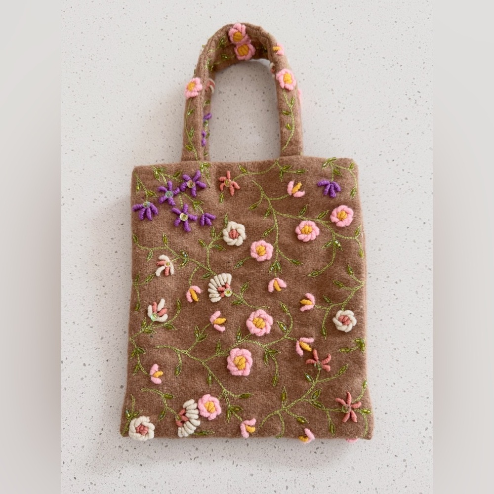 Moyna Hand Embroidered Wool Blend Floral Tote Bag